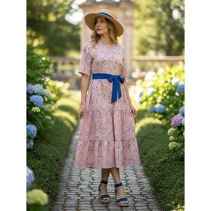Shein Boho Pink Floral Tiered Midi Dress | Size Large | Spring & Easter Fashion